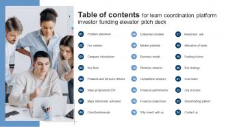 Table Of Contents For Team Coordination Platform Investor Funding Elevator Pitch Deck