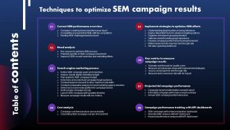 Table Of Contents For Techniques To Optimize SEM Campaign Results