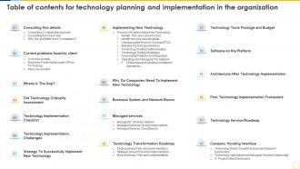 Table Of Contents For Technology Planning And Implementation In The Organization