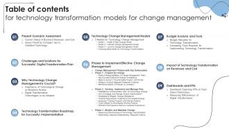 Table Of Contents For Technology Transformation Models For Change Management