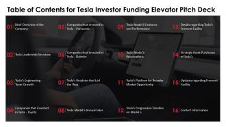 Table of contents for tesla investor funding elevator pitch deck
