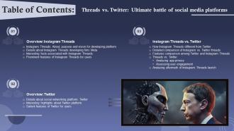 Table Of Contents For Threads Vs Twitter Ultimate Battle Of Social Media Platforms AI SS