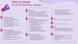 Table Of Contents For TikTok Advertising Campaign MKT SS V