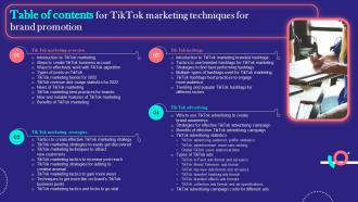 Table Of Contents For TikTok Marketing Techniques For Brand Promotion MKT SS V