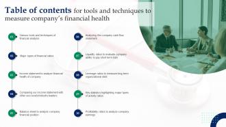 Table Of Contents For Tools And Techniques To Measure Companys Financial Health