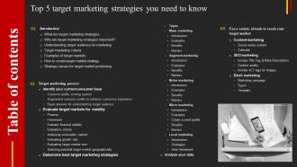 Table Of Contents For Top 5 Target Marketing Strategies You Need To Know Strategy SS