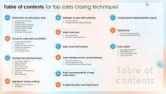 Table Of Contents For Top Sales Closing Techniques SA SS