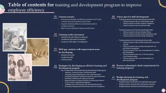 Table Of Contents For Training And Development Program To Improve Employee Efficiency