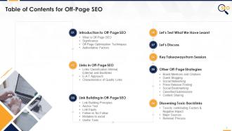 Table of contents for training module on off page seo edu ppt