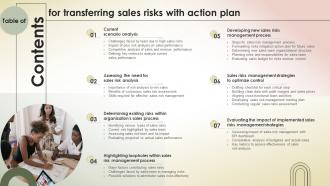 Table Of Contents For Transferring Sales Risks With Action Plan