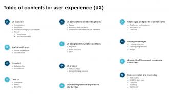 Table Of Contents For User Experience UX