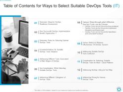 Table of contents for ways to select suitable devops tools it ppt powerpoint presentation file