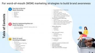 Table Of Contents For Word Of Mouth WOM Marketing Strategies To Build Brand Awareness