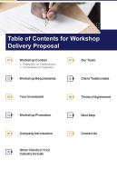 Table Of Contents For Workshop Delivery Proposal One Pager Sample Example Document