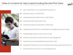 Table of contents for yelp investor funding elevator pitch deck