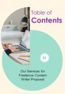 Table Of Contents Freelance Content Writer Proposal One Pager Sample Example Document