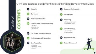 Table Of Contents Gym And Exercise Equipment Investor Funding Elevator Pitch Deck