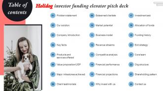 Table Of Contents Holidog Investor Funding Elevator Pitch Deck