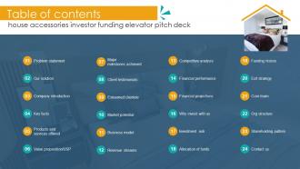 Table Of Contents House Accessories Investor Funding Elevator Pitch Deck