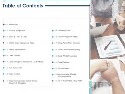 Table of contents identify crisis management team ppt presentation show