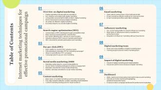 Table Of Contents Internet Marketing Techniques For Effective Promotional Campaign