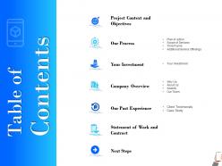 Table of contents investment ppt powerpoint presentation visual aids infographics