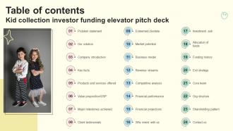 Table Of Contents Kid Collection Investor Funding Elevator Pitch Deck