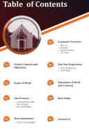 Table Of Contents Ligious Congregation Proposal One Pager Sample Example Document
