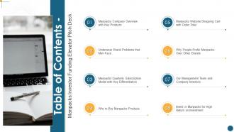 Table of contents manpacks investor funding elevator pitch deck