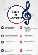 Table Of Contents Music Artist Sponsorship One Pager Sample Example Document