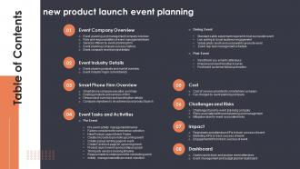 Table Of Contents New Product Launch Event Planning