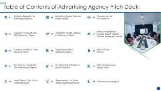 Table of contents of advertising agency pitch deck ppt icons
