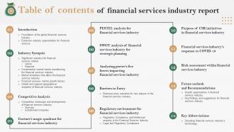 Table Of Contents Of Financial Services Industry Report IR SS