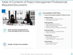 Table of contents of project management professionals required documents
