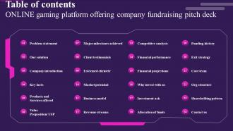 Table Of Contents Online Gaming Platform Offering Company Fundraising Pitch Deck