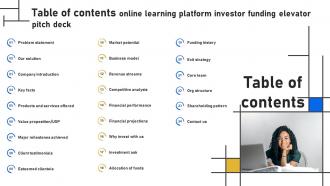Table Of Contents Online Learning Platform Investor Funding Elevator Pitch Deck