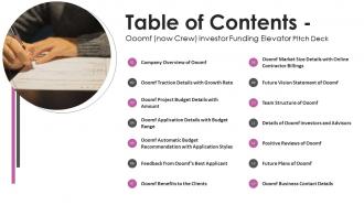 Table of contents ooomf now crew investor funding elevator pitch deck