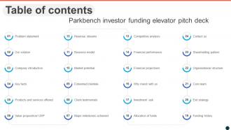 Table Of Contents Parkbench Investor Funding Elevator Pitch Deck