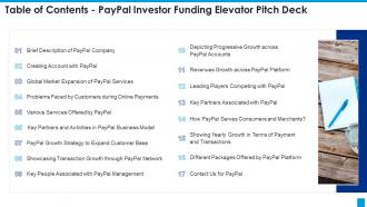 Table of contents paypal investor funding elevator pitch deck ppt slides clipart