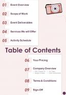 Table Of Contents Photography And Videography Services Proposal One Pager Sample Example Document