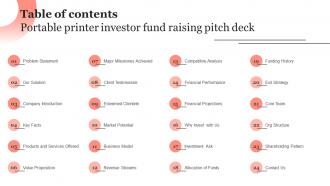 Table Of Contents Portable Printer Investor Fund Raising Pitch Deck