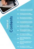 Table Of Contents Pre Sales Consulting Services Proposal One Pager Sample Example Document