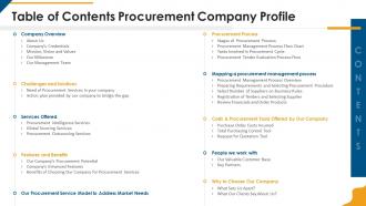 Table of contents procurement company profile ppt pictures demonstration