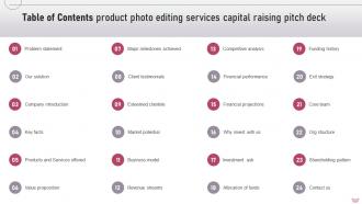 Table Of Contents Product Photo Editing Services Capital Raising Pitch Deck