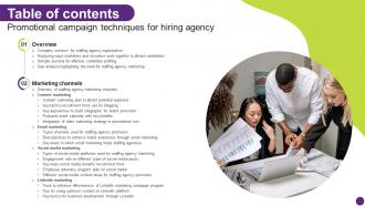 Table Of Contents Promotional Campaign Techniques For Hiring Agency Strategy SS V