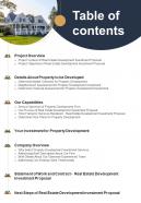 Table Of Contents Real Estate Development Investment Proposal One Pager Sample Example Document