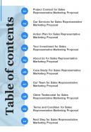 Table Of Contents Sales Representative Marketing Proposal One Pager Sample Example Document