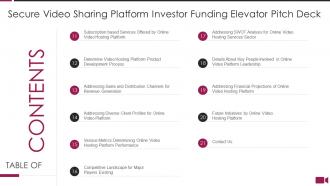 Table of contents secure video sharing platform investor funding elevator pitch deck