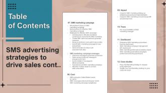 Table Of Contents SMS Advertising Strategies To Drive Sales MKT SS V Template Editable