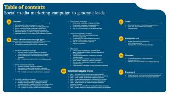Table Of Contents Social Media Marketing Campaign To Generate Leads MKT SS V